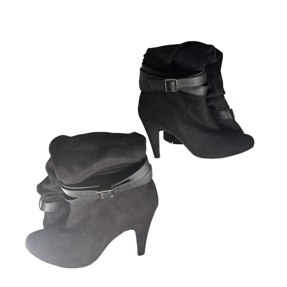 Venus Black Faux Suede‎ Slouch Buckle Strap Stiletto Knee High Boots 7.5